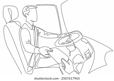 Single continuous line drawing male driver receives bus ticket from passenger. Picking up new passengers from the stop. Working. Transit Driver Appreciation Day. One line design vector illustration