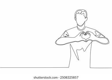 Single continuous line drawing male nurse forms a heart gesture with his hands in front of his chest. Pride in serving the community. Love. Certified Nurses Day. One line design vector illustration