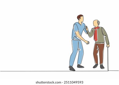 Single continuous line drawing male caregiver in uniforms guiding old grandfather to walk with stick. Responsibly help others. Therapy. Caregiver Appreciation Day. One line design vector illustration