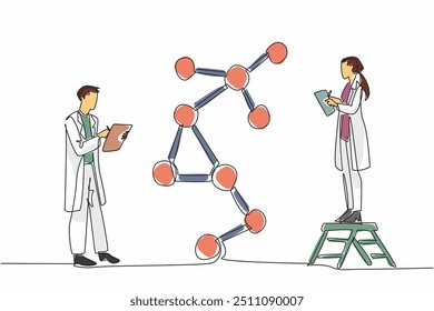 Single continuous line drawing male and female scientists taking notes on a clipboard. Observing changes in atomic structure. Analyze. Celebrate Scientists Day. One line design vector illustration