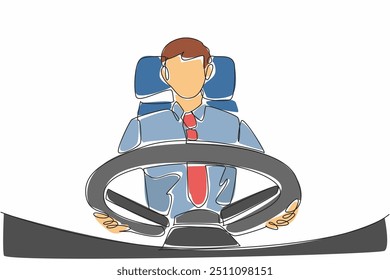 Linha única contínua desenhando o motorista masculino foco em segurar o volante do ônibus. Esteja seguro ao dirigir. Concentre-se na estrada. Dia de Apreciação do Motorista de Trânsito. Ilustração de vetor de design de uma linha