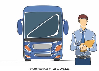 Single continuous line drawing male bus driver standing holding clipboard. Check in detail before driving. For safety passenger. Transit Driver Appreciation Day. One line design vector illustration