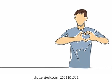 Una sola línea continua que dibuja a un enfermero forma un gesto de corazón con las manos frente a su pecho. Orgullo de servir a la comunidad. Amor. Día del Personal de Enfermería Certificado. Ilustración vectorial de diseño de una línea