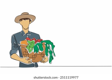 Single continuous line drawing male farmer carrying rattan basket filled with vegetables. Big fields, big harvests. For very big profit. National Agriculture Day. One line design vector illustration