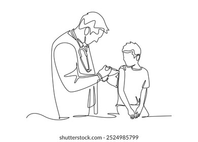 Single continuous line drawing male pediatric doctor giving vaccine injection to little boy patient at hospital. Medical healthcare treatment concept. One line draw graphic design vector illustration