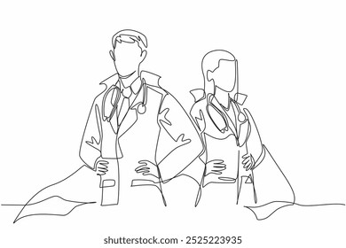 Single continuous line drawing male and female doctors wear the winged uniforms. Posing like a superhero duo. Putting humanity first. The national of doctor day. One line design vector illustration