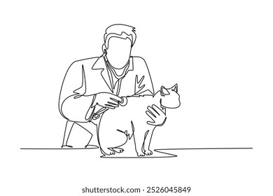 Linha única contínua desenho veterinário masculino exame e cuidar de um gato doente por causa de uma bactéria. Conceito de serviço de saúde animal de estimação. Ilustração de vetor de design gráfico de desenho dinâmico de uma linha