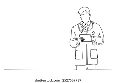 Single continuous line drawing male doctor holding tablet and searching medical record, giving medicine to patient. Medical health care service worker. One line draw graphic design vector illustration