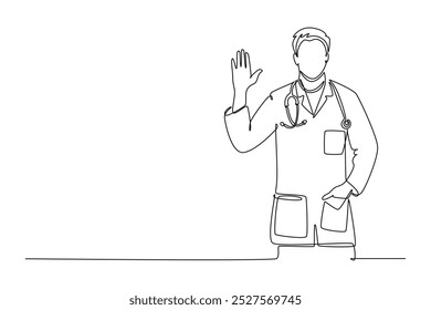 Single continuous line drawing male doctor giving warm welcome greeting or high five gesture to patients. Medical health care service workers. Dynamic one line draw graphic design vector illustration