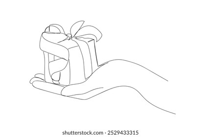 Línea continua única que dibuja la mano masculina sostiene el regalo de la caja presente, recuerdo. Concepto de intercambio de subvención internacional, el hombre da el brazo de cartón de año nuevo. Vector hecho a mano, no IA.