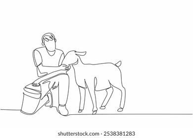 Linha única contínua desenhando fazendeiro macho ajoelhado segurando balde e alimentando ovelhas. Seja paciente na colheita de penas para fazer lã. Dia Nacional dos Animais de Fazenda. Ilustração de vetor de design de uma linha