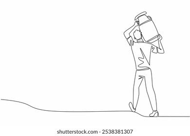 Single continuous line drawing male farmer carrying a milking container. Bringing fresh milk from the farm. Milk processing industry. National Farm Animals Day. One line design vector illustration