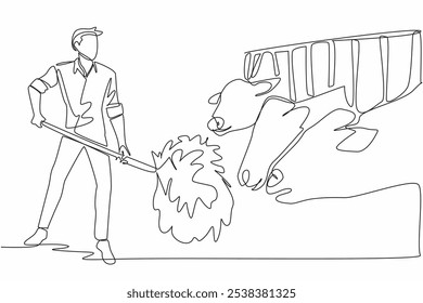 Single continuous line drawing male farmer raking grass giving it to cows. Good quality grass for livestock nutrition. Reliable breeder. National Farm Animals Day. One line design vector illustration