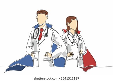 Single continuous line drawing male and female doctors wear the winged uniforms. Posing like a superhero duo. Putting humanity first. The national of doctor day. One line design vector illustration