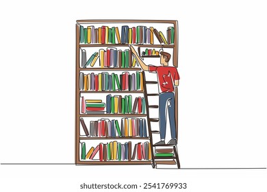 Single continuous line drawing a male librarian climbing bookshelf with ladder. Taking a book that is not in the right place. Sort. National School Librarian Day. One line design vector illustration