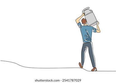 Single continuous line drawing male farmer carrying a milking container. Bringing fresh milk from the farm. Milk processing industry. National Farm Animals Day. One line design vector illustration