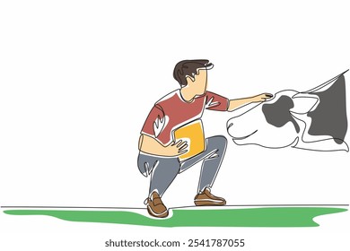 Línea continua única que dibuja la rodilla del granjero masculino con el Portapapeles y acariciando la cabeza de la vaca. Notas semanales del informe. Peso ideal del ganado. Día Nacional de los Animales de Granja. Ilustración vectorial de diseño de una línea