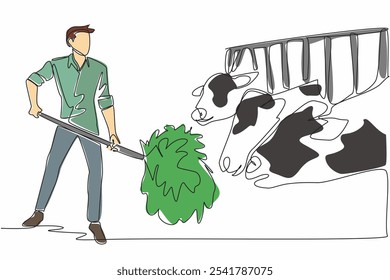 Single continuous line drawing male farmer raking grass giving it to cows. Good quality grass for livestock nutrition. Reliable breeder. National Farm Animals Day. One line design vector illustration