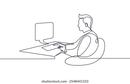 Único linha contínua desenhando masculino trabalhando com laptop. Estilo De Minimalismo Linear Do Conceito Comercial. Homem Trabalhando Uma Linha Desenho Vetor Ilustração para Design Gráfico Trendy. Não é IA