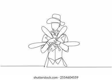 Single continuous line drawing male juggler holding juggling clubs. Pose with high confidence. The expert who can always entertain. International Jugglers Day. One line design vector illustration