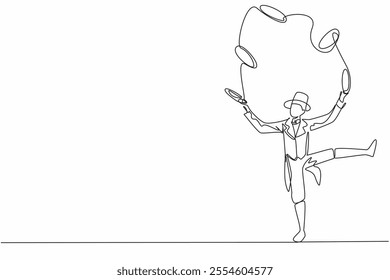 Single continuous line drawing male juggler playing ring juggling. Very extraordinary balance. Skillful hands. Captivate the audience. International Jugglers Day. One line design vector illustration