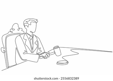 Single continuous line drawing male auctioneer wearing a suit and tie sitting holding a wooden hammer. Final auction decision. The wait. National Auctioneers Day. One line design vector illustration