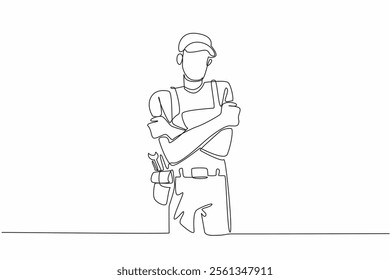 Single continuous line drawing a male plumber crosses arms and hugs himself. Feelings of excessive self love. The professional expert. National Hug A Plumber Day. One line design vector illustration