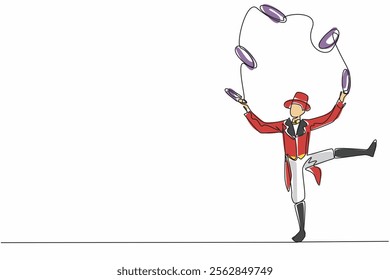 Single continuous line drawing male juggler playing ring juggling. Very extraordinary balance. Skillful hands. Captivate the audience. International Jugglers Day. One line design vector illustration