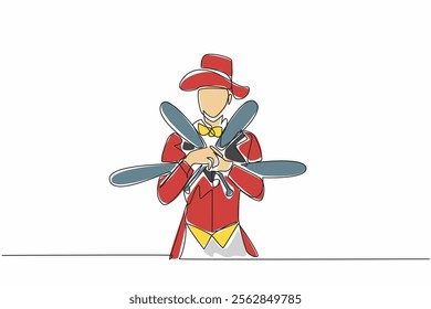 Single continuous line drawing male juggler holding juggling clubs. Pose with high confidence. The expert who can always entertain. International Jugglers Day. One line design vector illustration