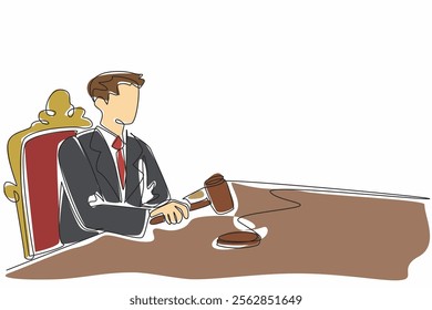 Single continuous line drawing male auctioneer wearing a suit and tie sitting holding a wooden hammer. Final auction decision. The Wait. National Auctioneers Day. One line design vector illustration