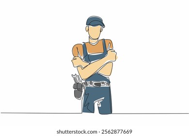 Single continuous line drawing a male plumber crosses arms and hugs himself. Feelings of excessive self love. The professional expert. National Hug A Plumber Day. One line design vector illustration