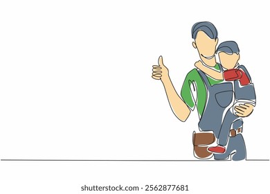 Single continuous line drawing male plumber giving thumbs up gesture while holding son. Feeling of missing. Let go of longing with hug. National Hug A Plumber Day. One line design vector illustration