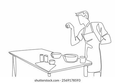 Single continuous line drawing male waiter wearing yellow apron sprinkles spices into the pan. Styled like a famous chef. Cook with joy. School Lunch Hero Day. One line design vector illustration