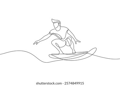 Single Continuous Line Drawing of Male Surfer. Simple Modern Linear Drawing of Sport Concept. Surfing Minimalism Style One Line Vector Illustration for Trendy Sport Design. Not AI