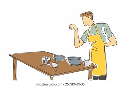 Single continuous line drawing male waiter wearing yellow apron sprinkles spices into the pan. Styled like a famous chef. Cook with joy. School Lunch Hero Day. One line design vector illustration