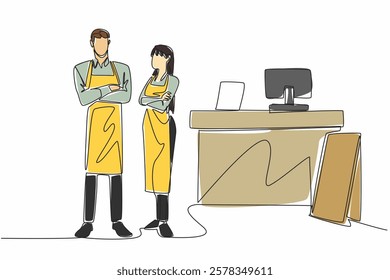 Single continuous line drawing a male and a female waiters wearing aprons standing side by side. Stand by near the cashier. Order and pay. School Lunch Hero Day. One line design vector illustration