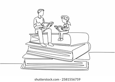 Single continuous line drawing a male teacher and female student sitting and holding books in pile of thick books. Additional lessons. National Day of Teacher. One line design vector illustration