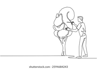 Single continuous line drawing a male gardener holding tree shears shaping a tree into a squirrel. Unique creative art. Symbol of perseverance. World Topiary Day. One line design vector illustration