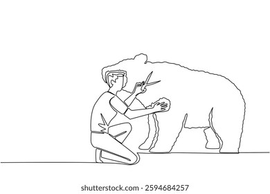 Single continuous line drawing a male gardener kneeling holding tree shears shaping a tree into a bear. Channeling hobbies into different media. World Topiary Day. One line design vector illustration