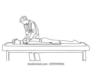 Single continuous line drawing male physiotherapist massaging back of male patient sleeping on patient bed. Spine treatment. Spinal Cord Injury Awareness Day. One line design vector illustration