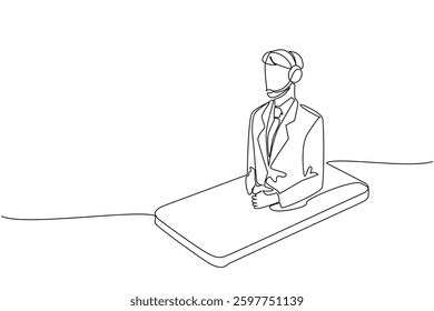 Single continuous line drawing male customer support wearing headphones coming out of smartphone screen. Leveraging technology. International Customer Support Day. One line design vector illustration
