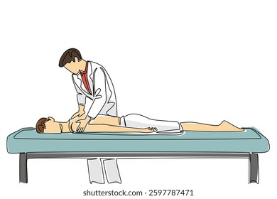 Single continuous line drawing male physiotherapist massaging back of male patient sleeping on patient bed. Spine treatment. Spinal Cord Injury Awareness Day. One line design vector illustration