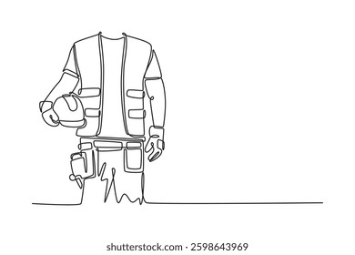 Single continuous line drawing male architect hand holding safety helmet or hard hat at site. Construction worker man with vest and protective gloves. One line draw graphic design vector illustration