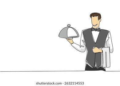 Single continuous line drawing male waitstaff with bow tie carrying metal tray and hanging napkin on hand. Deliver signature food to table. National Waitstaff Day. One line design vector illustration