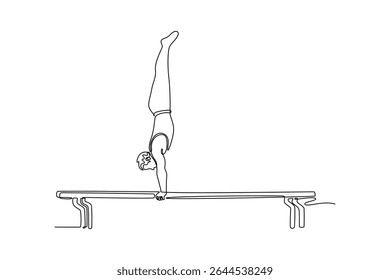 Single continuous line drawing male gymnast performing upside down handstand parallel bars in arena. Movement, action, motion, dynamic concept. Dynamic one line draw graphic design vector illustration