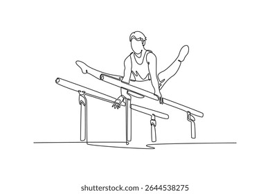Linha única contínua desenho masculino ginasta treinamento no ginásio, flexível e ativo. Atleta em roupas esportivas praticando em exercícios de força, equilíbrio. Ilustração de vetor de design gráfico com desenho de uma linha
