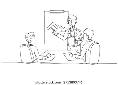 Gerente masculino de dibujo de línea continua única que muestra un gráfico de desaceleración a dos colegas sentados que toman notas. Revisión del pobre desempeño del negocio financiero. Una línea dibuja la Ilustración vectorial del Diseño gráfico