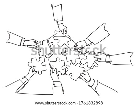 Single continuous line drawing of male and female business team members unite puzzle pieces together to one as team building symbol. Employee teamwork concept one line draw design vector illustration