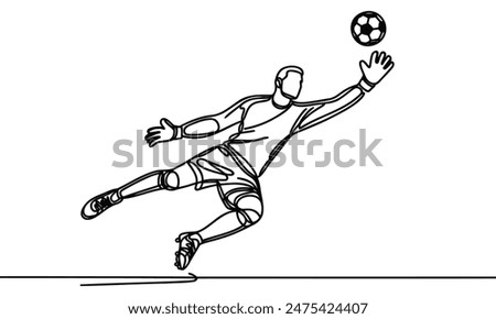 Single continuous line drawing of Male soccer player goalkeeper catching ball in jump. one line draw design graphic vector illustration.