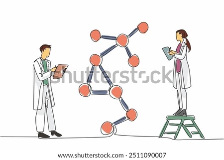 Single continuous line drawing male and female scientists taking notes on a clipboard. Observing changes in atomic structure. Analyze. Celebrate Scientists Day. One line design vector illustration